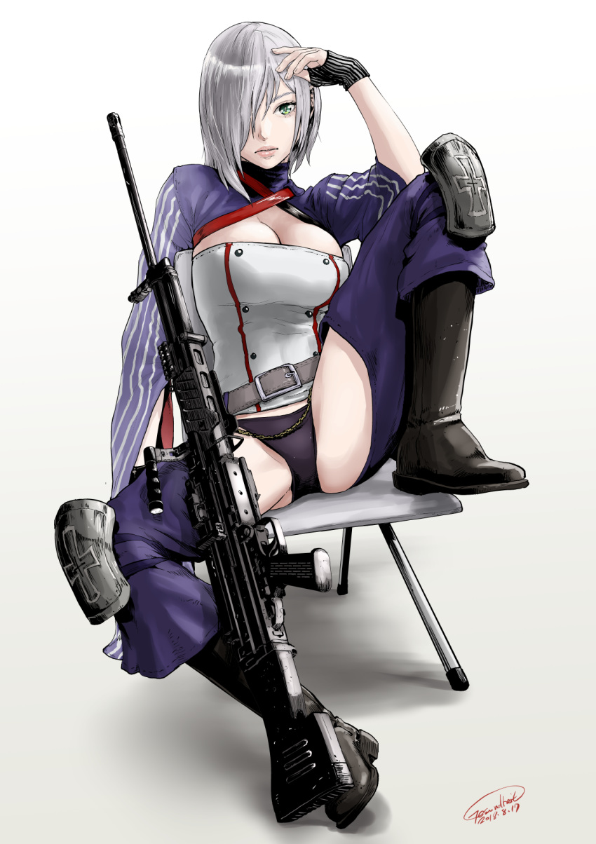 boots breasts chair cleavage commentary female fingerless_gloves gesundheit_(artist) girls'_frontline gloves green_eyes gun h&k_mg5 hair_over_one_eye highres knee_pads lips mg5_(girls'_frontline) signature sitting solo spread_legs weapon white_background white_hair