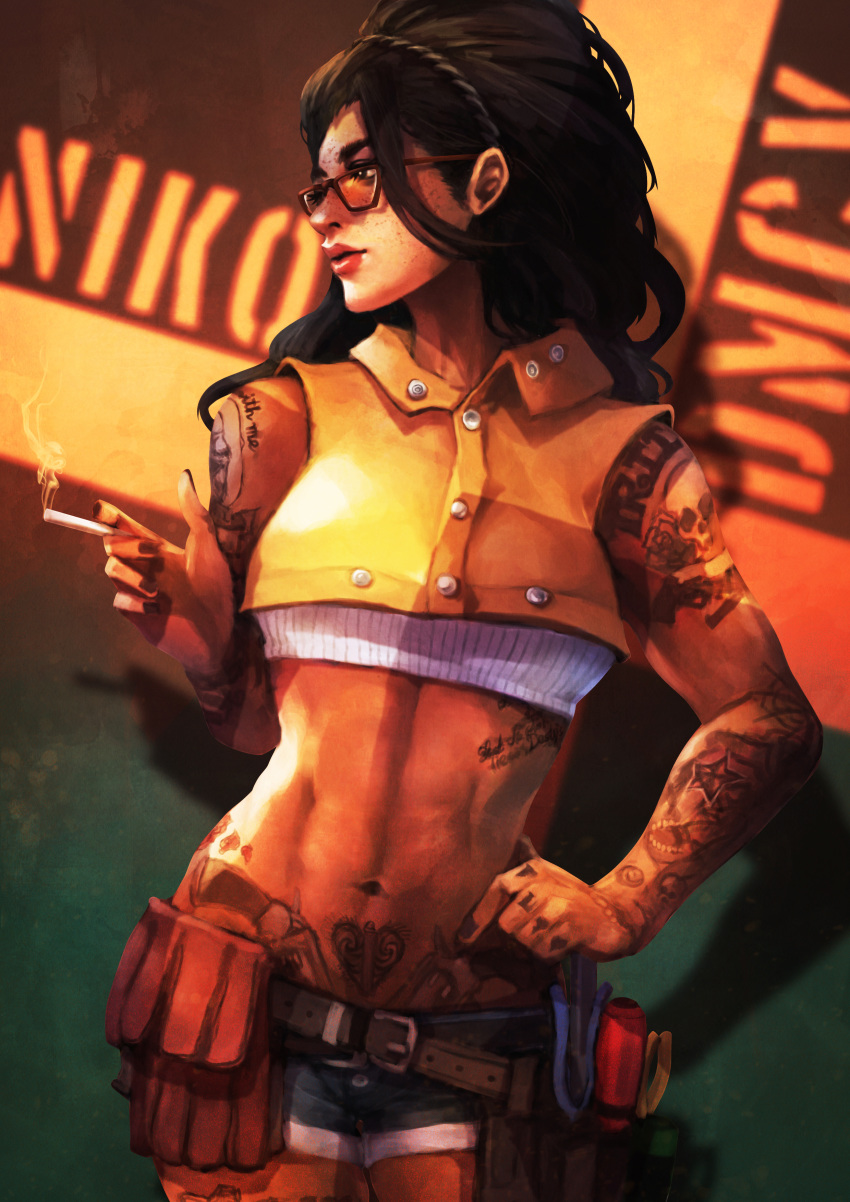 absurdres arm_tattoo belt belt_pouch black_hair black_nails braid breasts brown-framed_eyewear character_name cigarette commentary copyright_name cowboy_shot crop_top devil_may_cry_(series) devil_may_cry_5 english_commentary eyelashes female finger_tattoo freckles french_braid glasses hair_pulled_back heart heart_tattoo highres lips long_hair medium_breasts midriff monori_rogue nail_polish navel nico_(devil_may_cry) nose photoshop_(medium) pouch shorts shoulder_tattoo smoking solo tattoo thick_eyebrows toned tool_belt tools