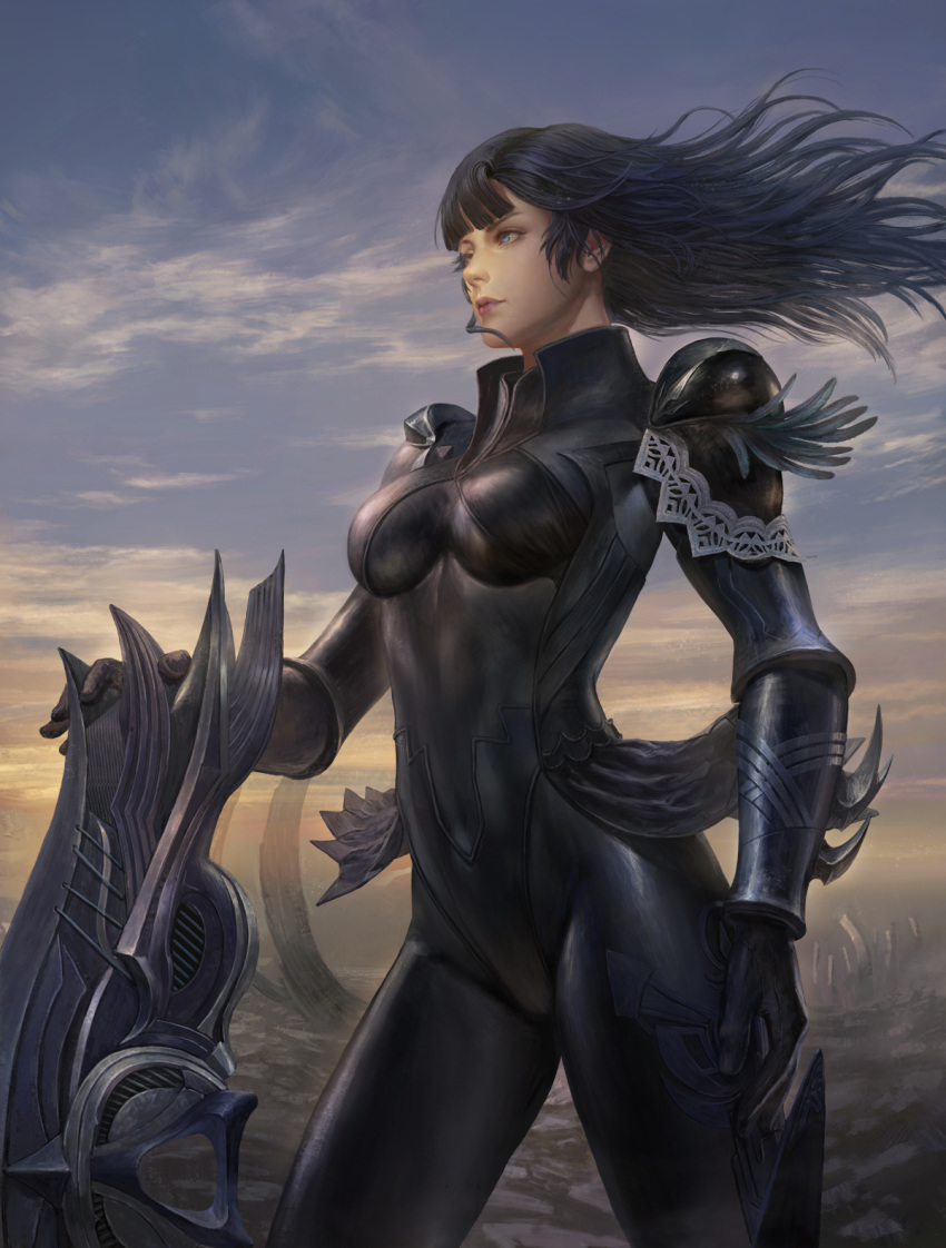 armor black_bodysuit black_gloves black_hair blue_eyes bodysuit bracer breasts commentary_request female final_fantasy gloves highres long_hair looking_to_the_side meia_(mff) mobius_final_fantasy outdoors photoshop_(medium) ruins small_breasts solo standing suranaki twilight