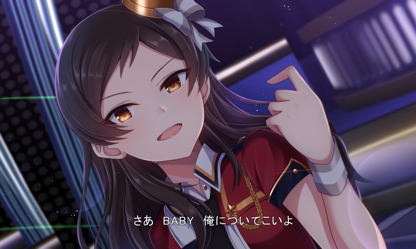 bad_id bad_pixiv_id bow brown_eyes brown_hair female hair_ornament hairbow highres idolmaster idolmaster_million_live! idolmaster_million_live!_theater_days kitazawa_shiho kurousagi_yuu long_hair looking_at_viewer open_mouth shiny_trinity_(idolmaster) short_sleeves solo striped striped_bow swept_bangs upper_body wristband