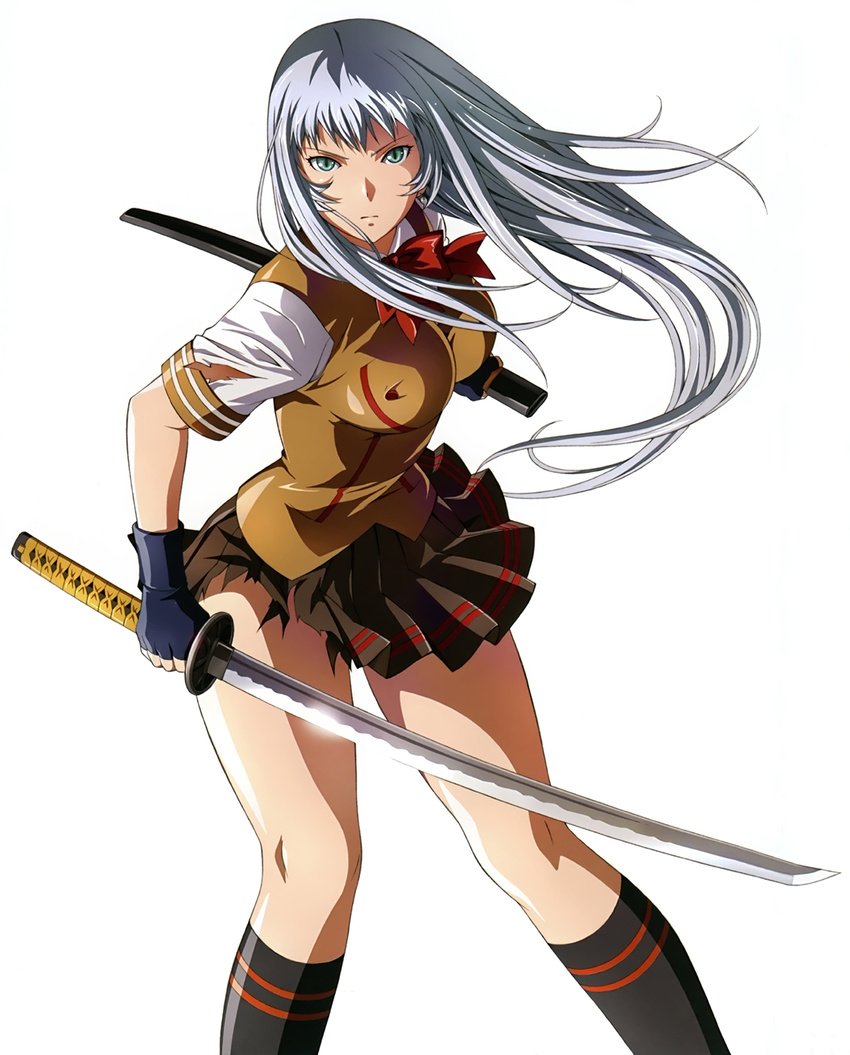 black_gloves black_socks brown_shirt brown_skirt chouun_shiryuu female fingerless_gloves gloves green_eyes grey_hair highres holding holding_sword holding_weapon ikkitousen katana kneehighs long_hair looking_at_viewer photoshop_(medium) pleated_skirt rin-sin school_uniform shirt skirt socks solo sword torn_clothes torn_skirt unusually_open_eyes weapon