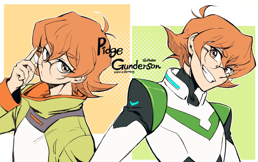 2girls adjusting_eyewear antenna_hair bad_id bad_twitter_id bae_(baebae) bodysuit character_name dated dual_persona glasses grin highres multiple_girls multiple_views orange_eyes orange_hair pidge_gunderson pilot_suit reverse_trap science_fiction short_hair smile turtleneck twitter_username voltron:_legendary_defender voltron_(series)