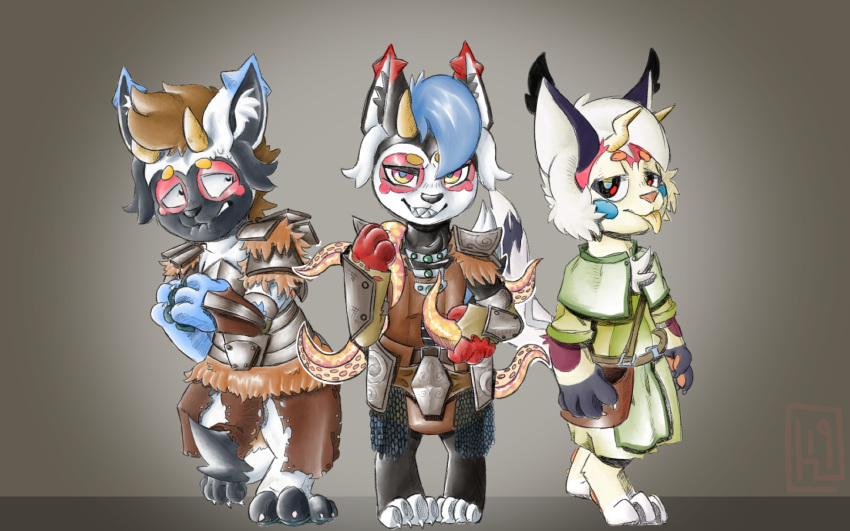 16:10 2019 abeo_(ammunoa) anthro armor canid canine claws clothed clothing digital_drawing_(artwork) digital_media_(artwork) female fox fur group hair hellfox hi_res knotsosfw lexio_(knotsosfw) looking_at_viewer maero_(ammunoa) male mammal sharp_teeth simple_background smile teeth tentacle tongue tongue_out widescreen