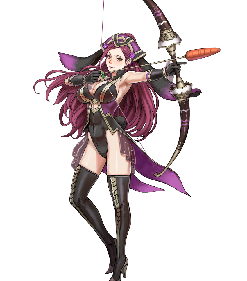 animal_ears armpits arrow_(projectile) black_gloves black_leotard black_thighhighs boots bow_(weapon) breasts cleavage covered_navel earrings egg elbow_gloves fake_animal_ears female fire_emblem fire_emblem_heroes flower full_body gloves hair_ornament high_heel_boots high_heels highleg highleg_leotard highres holding holding_bow_(weapon) holding_weapon jewelry kusakihara_toshiyuki large_breasts leotard lips lipstick loki_(fire_emblem) loki_(spring)_(fire_emblem) long_hair makeup official_art parted_bangs petals purple_eyes purple_hair rabbit_ears rabbit_tail sleeveless smile solo standing tail thigh_boots thighhighs transparent_background weapon