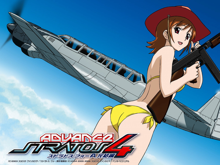 00s ass back bandai bare_legs bikini breasts brown_eyes brown_hair dated female female hat looking_at_viewer nakamura_ayamo open_mouth pose scan shiny_skin short_hair sky smile stratos_4 swimsuit weapon yamauchi_noriyasu