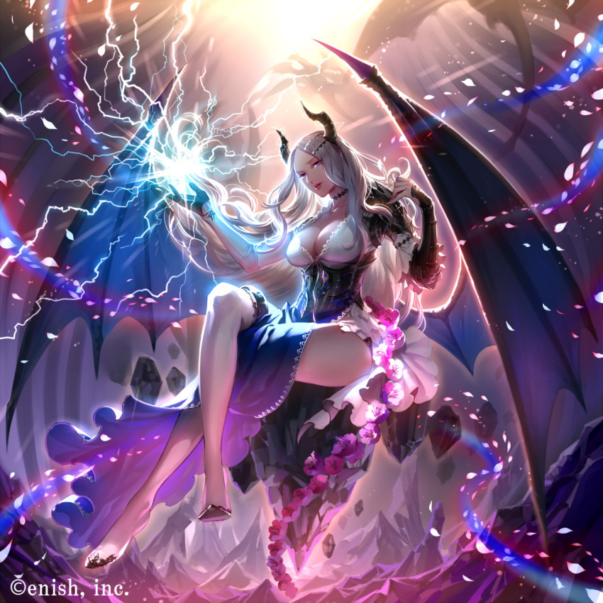 bahamut_crisis black_gloves breasts cleavage commentary_request company_name crossed_legs demon_wings female flower full_body gloves grey_hair highres horns kazari_tayu large_breasts long_hair magic official_art parted_lips purple_eyes single_glove sitting solo thighlet very_long_hair watermark wings