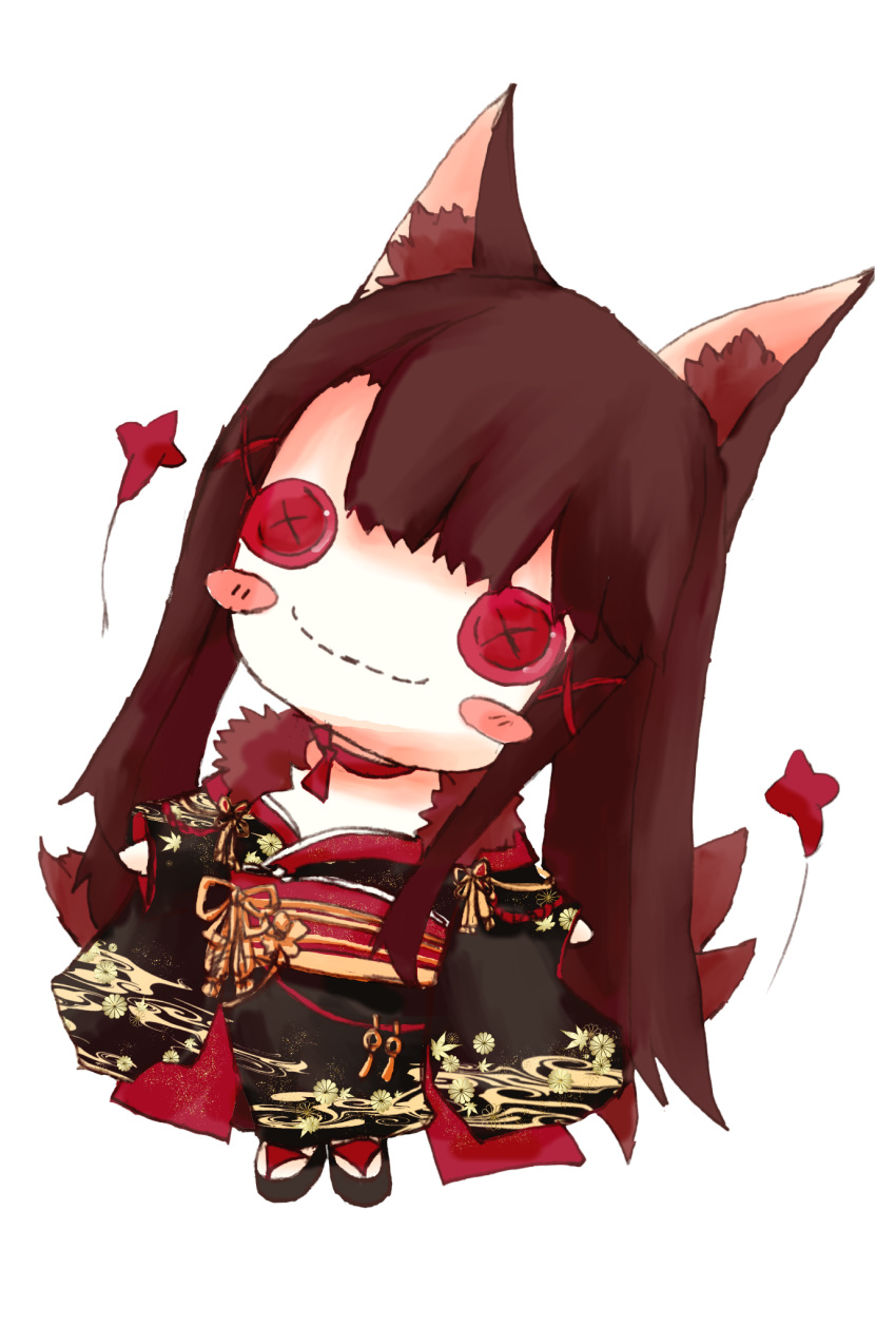 akagi_(azur_lane) akagi_(plum_and_snow)_(azur_lane) animal_ear_fluff animal_ears azur_lane black_kimono blunt_bangs blush_stickers breasts brown_hair button_eyes buttons character_doll closed_mouth commentary female fox_ears fox_girl full_body hair_ornament head_tilt highres japanese_clothes kimono kotono_(yufugure) long_hair long_sleeves looking_at_viewer no_humans obi official_alternate_costume print_kimono red_eyes sash smile solo stitched_mouth stitches transparent_background wide_sleeves x_hair_ornament