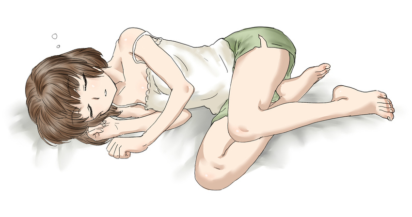 bare_shoulders barefoot brown_hair camisole closed_eyes collarbone feet female green_shorts head_on_hand legs lying on_side open_mouth original short_hair sleeping solo souji_kurokawa thought_bubble toes