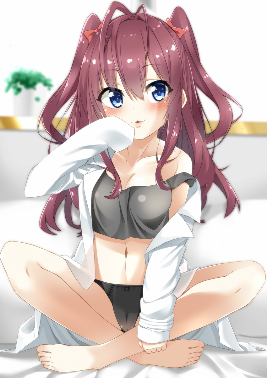 antenna_hair bare_legs barefoot blouse blue_eyes breasts brown_hair cacao_(chocolat) cameltoe commentary_request eyebrows female hair_ribbon highres ichinose_shiki idolmaster idolmaster_cinderella_girls indian_style long_hair long_sleeves looking_at_viewer medium_breasts navel off_shoulder ribbon shirt sitting solo tank_top white_shirt