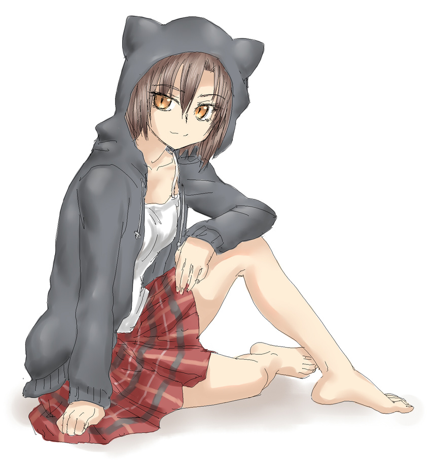 :3 animal_hood arm_support barefoot brown_hair camisole cat_hood collarbone feet female full_body hoodie looking_at_viewer original plaid plaid_skirt short_hair sitting solo souji_kurokawa toes yellow_eyes