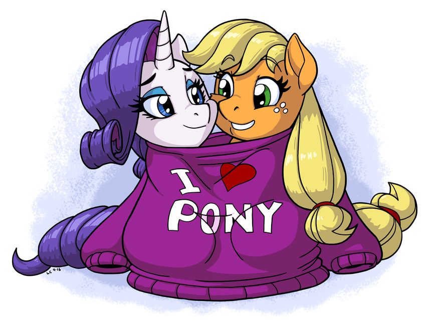 2016 applejack_(mlp) clothing duo earth_pony equid equine female friendship_is_magic hasbro heart_symbol hi_res horn horse latecustomer mammal my_little_pony mythological_creature mythological_equine mythology pony rarity_(mlp) sweater topwear unicorn