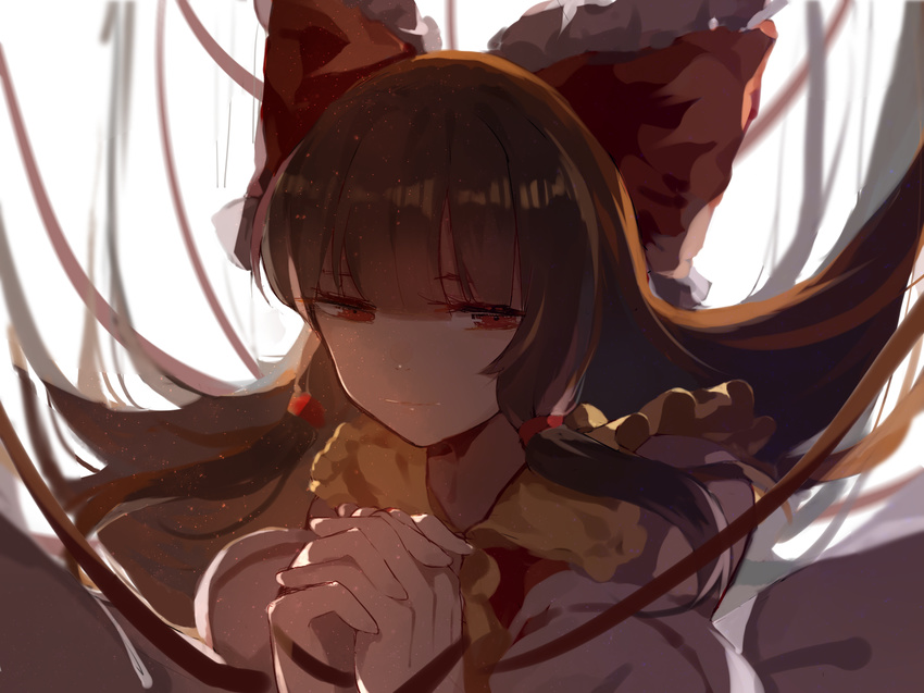 alternate_eye_color ascot bare_shoulders bow brown_hair commentary_request detached_sleeves dress female hair_ornament hair_tie hairbow hakurei_reimu hands_up interlocked_fingers juine long_hair looking_at_viewer own_hands_clasped own_hands_together partial_commentary red_bow red_dress red_eyes red_ribbon ribbon sidelocks solo touhou upper_body