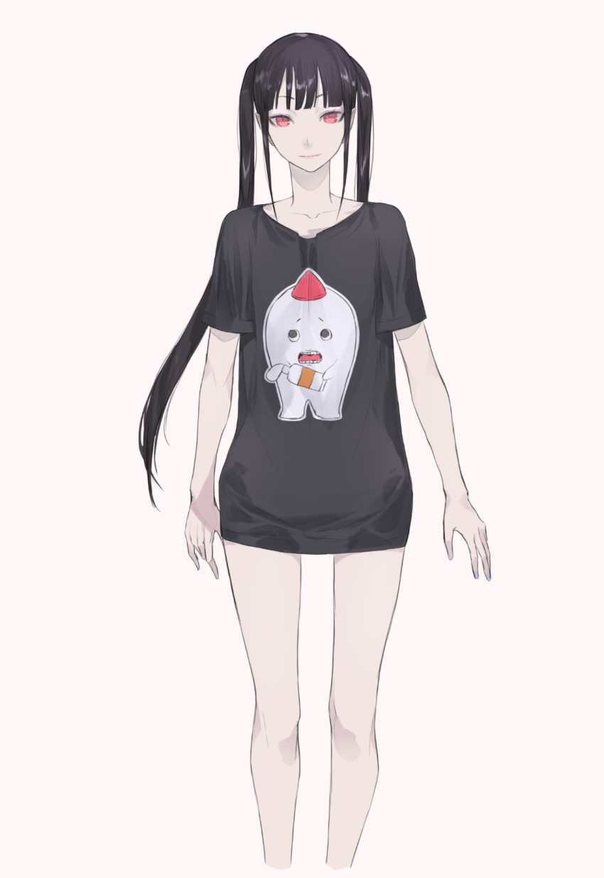 arms_at_sides black_hair black_shirt blunt_bangs commentary contemporary female highres ishinarimaru_shouten looking_at_viewer myufrae pixiv_fantasia pixiv_fantasia_last_saga red_eyes shirt sidelocks simple_background smile solo standing t-shirt twintails white_background