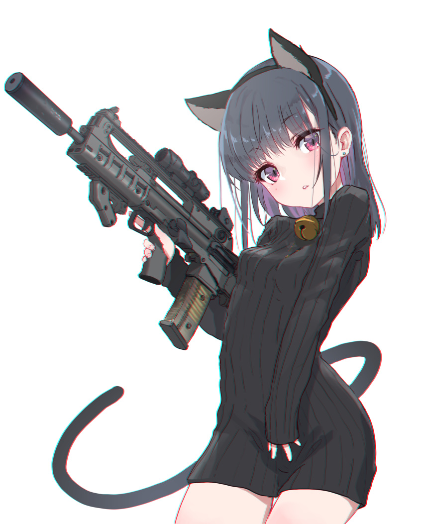 absurdres animal_ears assault_rifle bell black_hair black_sweater bullpup cat_ears cat_tail chromatic_aberration commentary earrings fake_animal_ears female gun hairband highres holding holding_gun holding_weapon jewelry jingle_bell long_hair looking_at_viewer military necklace oota_youjo original parted_lips pink_eyes rifle scope sleeves_past_wrists solo stud_earrings suppressor sweater tail trigger_discipline turtleneck turtleneck_sweater vhs-d2 weapon white_background