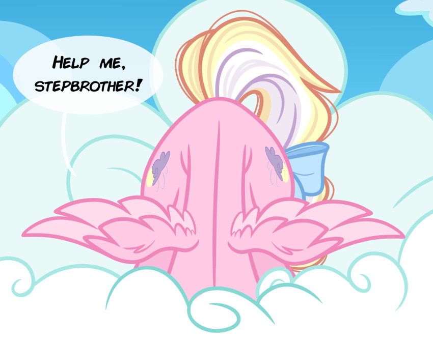 bay_breeze blonde_hair bow_ribbon cloud dialogue emberslament english_text equid equine fan_character female fur hair hasbro head_down help_me_stepbro_i'm_stuck hi_res mammal meme my_little_pony mythological_creature mythological_equine mythology pegasus pink_body pink_fur text wings