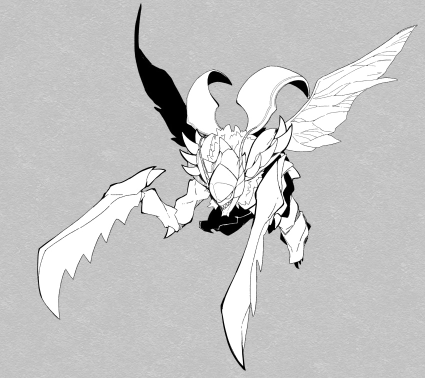 full_body grey_background greyscale highres kha'zix league_of_legends massakasama monochrome no_humans sharp_teeth simple_background solo spikes teeth wings