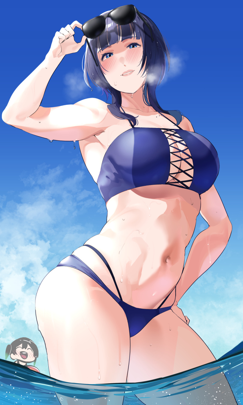 2girls asaka_karin bare_shoulders bikini black-framed_eyewear black_hair blue_bikini blue_eyes blue_sky blunt_bangs blush breasts cloud collarbone contrapposto day eyewear_on_head hand_on_own_hip highres large_breasts love_live! love_live!_nijigasaki_high_school_idol_club mole mole_on_collarbone multiple_girls navel okpriko outdoors parted_lips sky solo_focus standing stomach sunglasses swimsuit takasaki_yu wading water wet