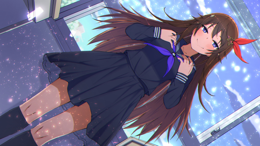 aogami_high_school_uniform black_shirt black_skirt black_socks blue_eyes brown_hair desk dutch_angle female hair_flaps hair_ornament hair_ribbon highres hololive hololive_error long_hair looking_at_viewer nemurimangetsu official_alternate_costume red_ribbon ribbon school_desk school_uniform shirt skirt socks star_(symbol) star_hair_ornament tokino_sora virtual_youtuber window