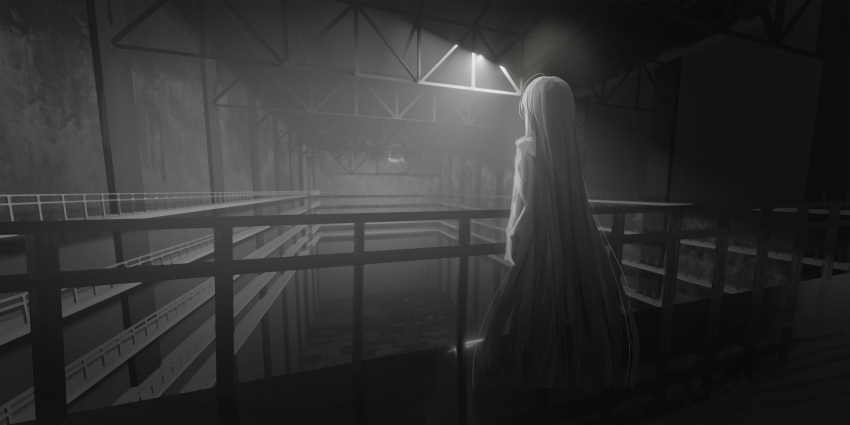 catwalk_(walkway) ceiling_light chihuri commentary facing_away female greyscale highres hood hood_down hooded_jacket indoors jacket long_hair monochrome original photoshop_(medium) railing solo standing very_long_hair zoya_petrovna_vecheslova