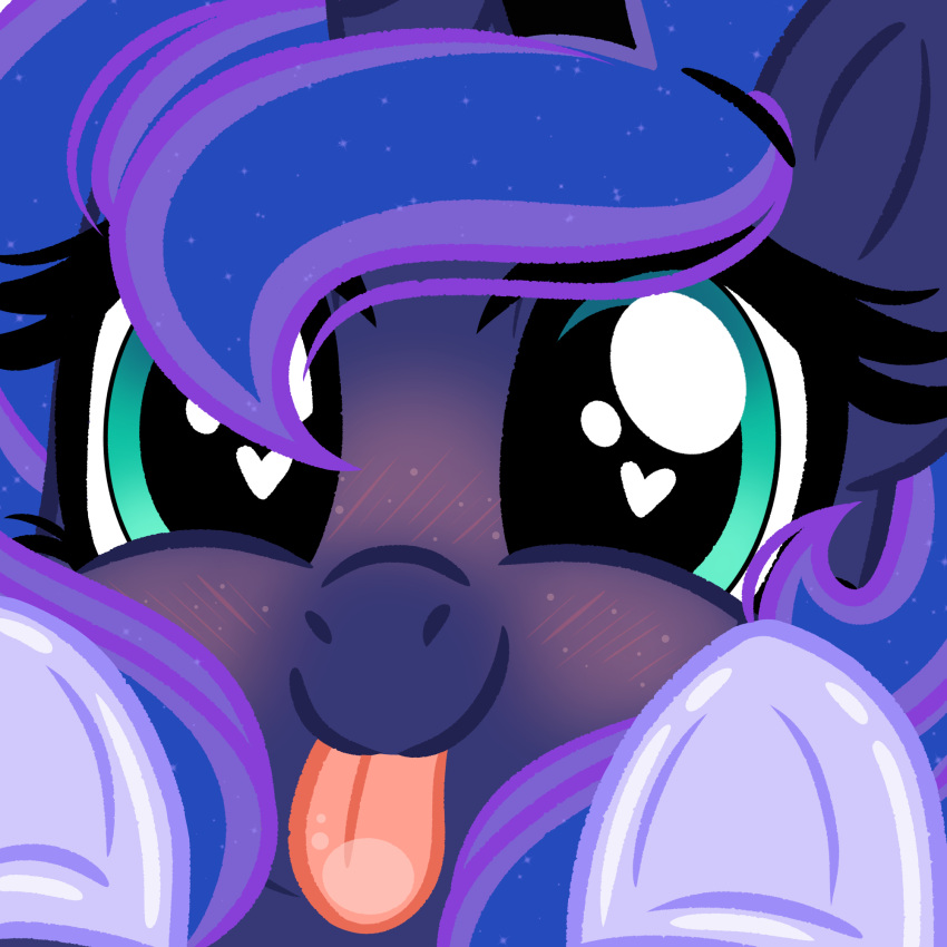 1:1 blep blue_body blue_eyes blue_fur blue_hair blush emberslament equid equine female friendship_is_magic fur hair hasbro heart_eyes heart_symbol hi_res hooves horn looking_at_viewer mammal my_little_pony mythological_creature mythological_equine mythology portrait princess_luna_(mlp) solo sparkles tongue tongue_out unicorn