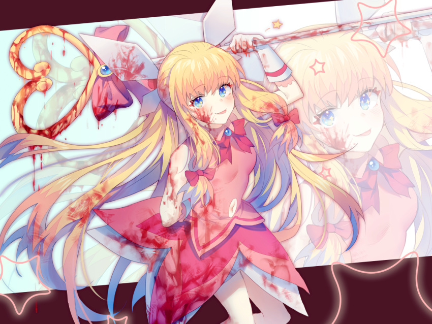 azuchimomoyama_kurumi blonde_hair blood blood_on_clothes blood_on_face blood_on_weapon blue_eyes bow breasts dress fanziju female gloves hairbow holding holding_staff magical_girl pink_bow pink_dress prima_pink red_bow seizei_ganbare!_mahou_shoujo_kurumi small_breasts staff standing weapon white_gloves zoom_layer