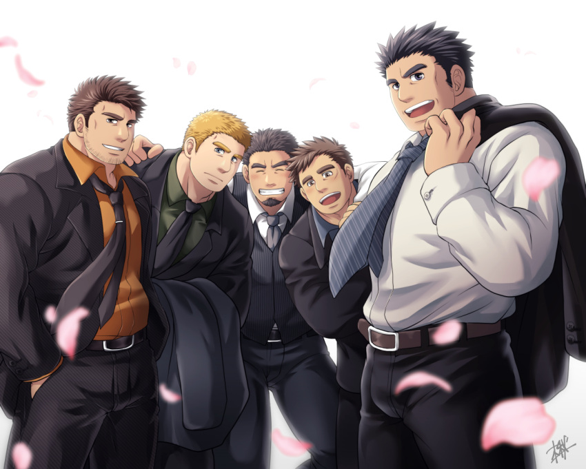 5boys artist_name bara beard black_hair blonde_hair brown_hair closed_eyes coat coat_on_shoulders collared_coat collared_shirt facial_hair hand_in_pocket hiba_youichi hug isana_sadaharu kaido_iwao leather leather_belt looking_at_viewer male_focus manly mature_male moriu_tatsuma multiple_boys muscular muscular_male necktie orphan's_cradle pants petals shirt sideburns smile spiked_hair stubble sunfight0201 teeth thick_eyebrows tongue watakado_sena white_background yaoi