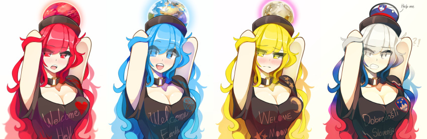 !? 4girls absurdres arms_behind_head blonde_hair blue_eyes blue_hair breasts choker cleavage closed_mouth commentary countryball crescent earth_(planet) english_text heart hecatia_lapislazuli hecatia_lapislazuli_(earth) hecatia_lapislazuli_(moon) highres kaliningradg large_breasts long_hair moon_(ornament) multicolored_hair multiple_girls multiple_persona planet red_eyes red_hair slovenia sloveniaball slovenian_flag slovenian_text star_(symbol) symbol-only_commentary touhou upper_body water_drop white_eyes yellow_eyes