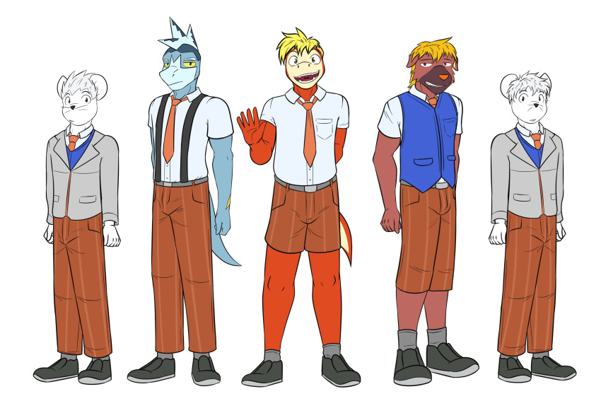 3:2 anthro anthrofied arctibax arturo_(fuze) blazer bottomwear clothed clothing cosplay dress_shirt florian_(pokemon) fuecoco fully_clothed fuze generation_9_pokemon group hi_res jawk_(fuze) male maschiff naranja_academy necktie nintendo orange_bottomwear orange_clothing orange_necktie orange_pants orange_shorts pants pokemon pokemon_(species) pokemorph school_uniform shirt shorts simple_background suspenders tandemaus topwear uniform uva_academy vest white_background