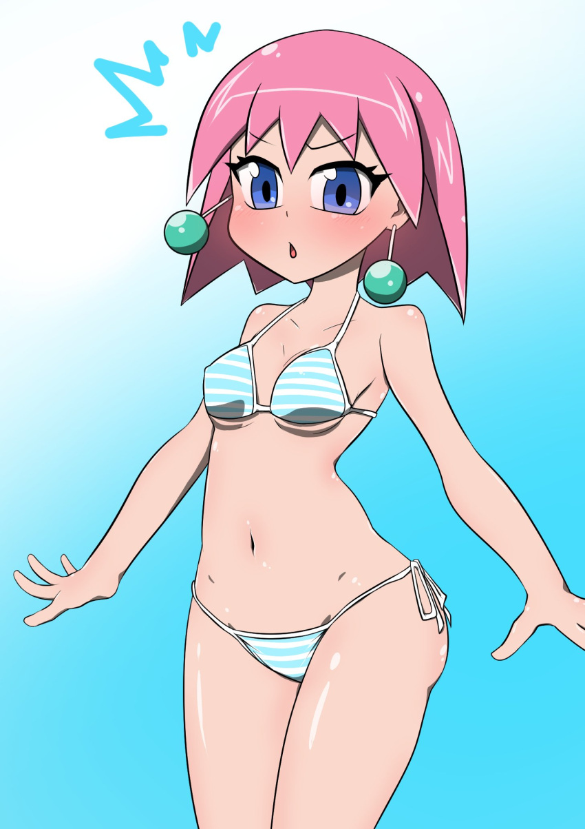 beauty_(bobobo-bo_bo-bobo) bikini blue_eyes blush bobobo-bo_bo-bobo breasts earrings female highres jewelry kazamidoririnn looking_at_viewer navel open_mouth pink_hair short_hair simple_background solo swimsuit