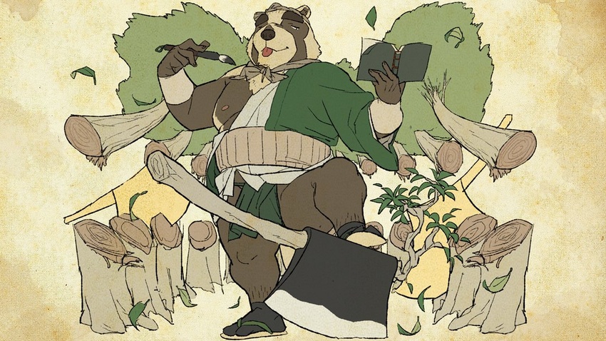 2020 anthro asian_clothing axe belly brown_body brown_fur canid canine clothing east_asian_clothing fundoshi fur humanoid_hands japanese_clothing kemono male mammal melee_weapon osansyoup overweight overweight_anthro overweight_male raccoon_dog robe solo tanuki tongue tongue_out underwear weapon