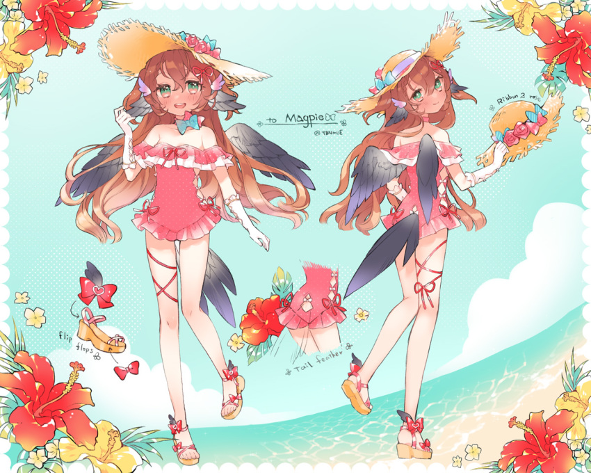 :d animal_ears ass_cutout bare_shoulders bird_ears bird_tail bird_wings blush brown_hair closed_mouth clothing_cutout commentary commission english_commentary female flower gloves green_eyes hair_ribbon hand_up hat holding holding_clothes holding_hat indie_virtual_youtuber long_hair looking_at_viewer magpie_(vtuber) multiple_views ocean off-shoulder_one-piece_swimsuit off_shoulder one-piece_swimsuit outdoors pink_one-piece_swimsuit red_flower red_ribbon ribbon sandals second-party_source skeb_commission smile standing standing_on_one_leg straw_hat swimsuit tail tail_through_clothes turban_no_hitsugi two_side_up unworn_hat unworn_headwear virtual_youtuber white_gloves wings