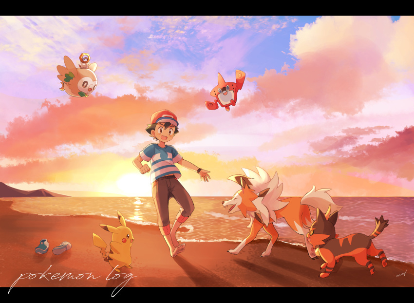 1boy barefoot baseball_cap beach black_hair black_shorts bracelet brown_eyes cloud cloudy_sky dusk english_text gen_1_pokemon gen_4_pokemon gen_7_pokemon hat highres jewelry litten lycanroc lycanroc_(dusk) male_focus mei_(maysroom) meltan mythical_pokemon open_mouth pikachu pokemon pokemon_(anime) rotom rotom_dex rowlet satoshi_(pokemon) shirt shoes_removed shore shorts sky spiked_hair striped striped_shirt tagme tide upper_teeth z-ring