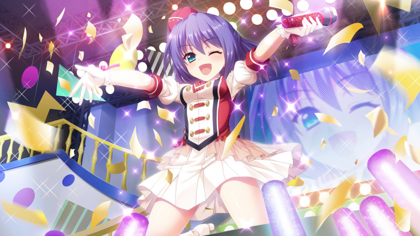 aqua_eyes band_uniform blue_hair breasts colored_lights concert confetti dot_nose female film_grain from_below game_cg gloves glowstick high_heels holding holding_microphone honjou_kasumi idol idol_clothes izumi_tsubasu kneeling layered_skirt medium_breasts medium_hair microphone non-web_source official_art one_eye_closed open_mouth outstretched_arms rafters railing re:stage! red_headwear screen screen_zoom see-through see-through_skirt short_sleeves skirt smile solo sparkle stage stage_lights tilted_headwear white_footwear white_gloves white_skirt white_uniform