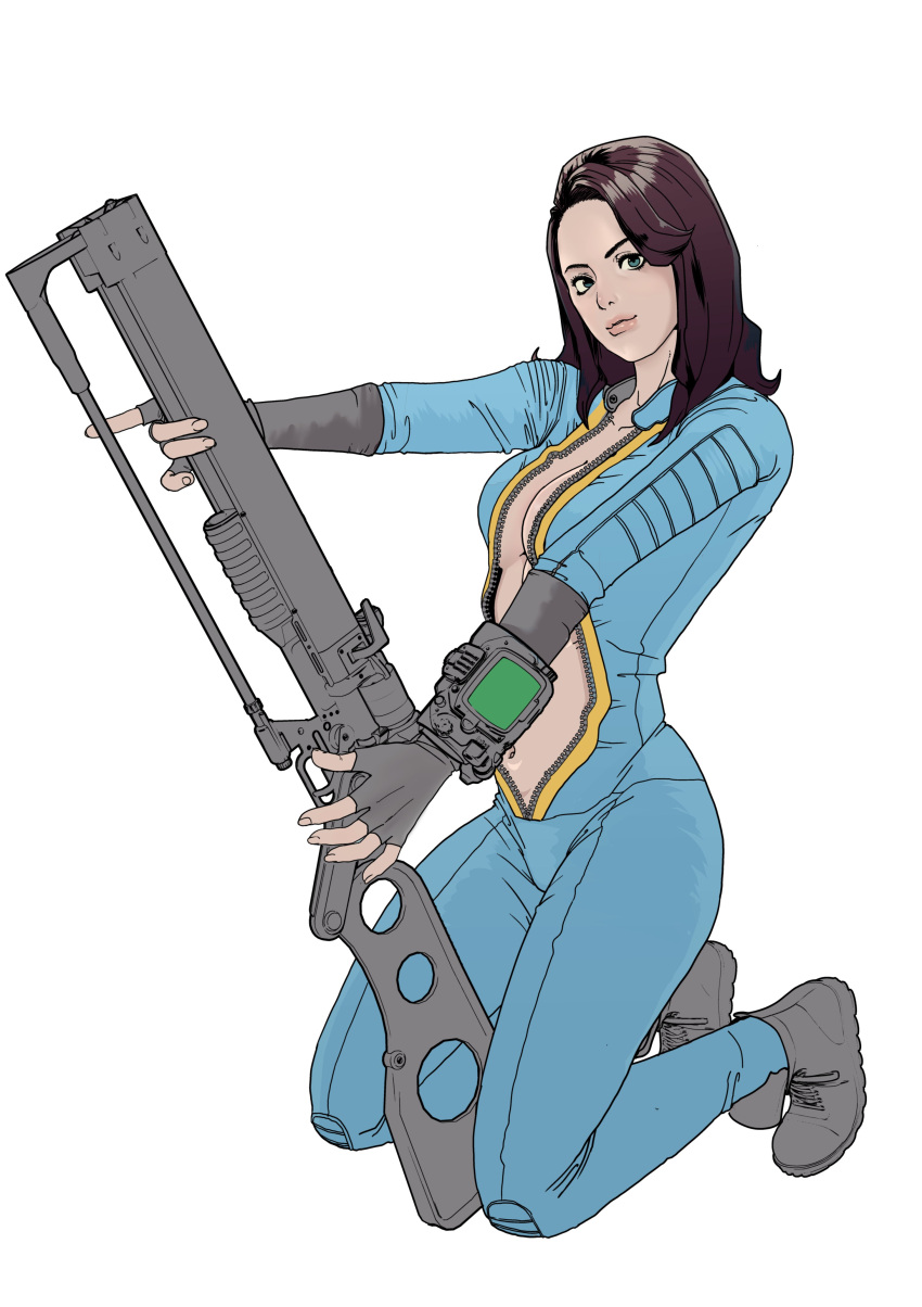 absurdres black_hair blue_bodysuit bodysuit breasts cleavage commentary_request fallout_(series) fallout_4 female futoshi_slim green_hair grey_footwear highres kneeling looking_at_viewer medium_hair navel open_clothes pip_boy simple_background solo white_background