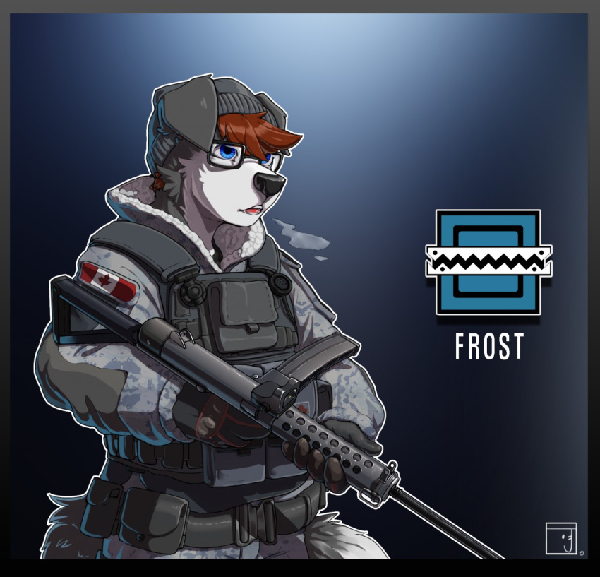 anthro blue_byte_(game_developer) blue_eyes border_collie breath canada canadian_flag canid canine canis collie domestic_dog eyewear frost_(rainbow_six) glasses gun hair herding_dog hi_res jaxxy_fur kambo male mammal maple_leaf military_clothing mk1_smg pastoral_dog rainbow_six rainbow_six:_siege ranged_weapon red_hair sheepdog solo tom_clancy's_(series) ubisoft weapon