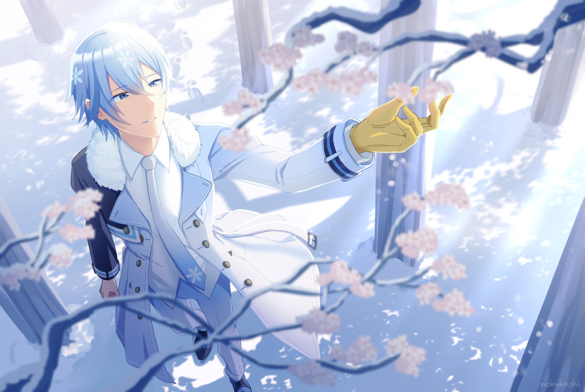 1boy blue_eyes blue_hair branch coat commentary dappled_sunlight diamond_dust_(module) flower foreshortening from_above full_body fur-trimmed_coat fur_trim kaito_(vocaloid) light_blue_hair male_focus necktie nokuhashi outstretched_arm parted_lips project_diva_(series) shadow shirt smile snow snowflake_print solo sunlight tree vocaloid white_coat white_necktie white_shirt winter winter_clothes