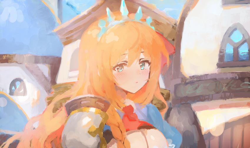 armor blue_eyes blush braid breasts building cleavage commentary day female hair_between_eyes hair_ribbon large_breasts long_hair looking_at_viewer orange_hair outdoors parted_lips pecorine_(princess_connect!) princess_connect! ribbon shoulder_armor solo sonchi symbol-only_commentary tiara upper_body