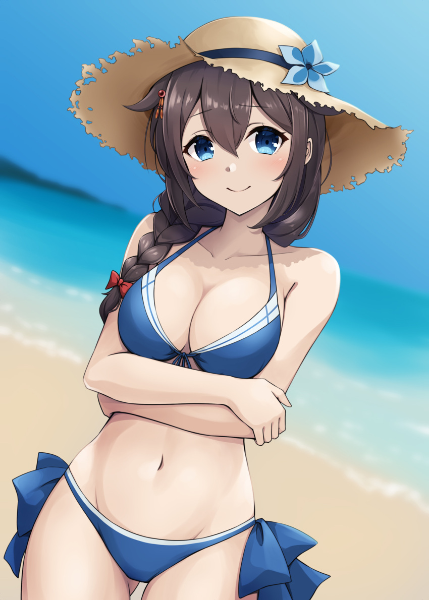 bare_arms bare_shoulders beach bikini blue_bikini blue_eyes blush braid breasts brown_hair cleavage closed_mouth collarbone cowboy_shot day female groin hair_between_eyes hair_flaps halterneck hat highres kantai_collection kodama_(mmt_uf) large_breasts long_hair looking_at_viewer navel ocean official_alternate_costume outdoors shigure_(kancolle) shigure_kai_san_(kancolle) shigure_kai_san_(swimsuit)_(kancolle) side-tie_bikini_bottom single_braid solo straw_hat sun_hat swimsuit