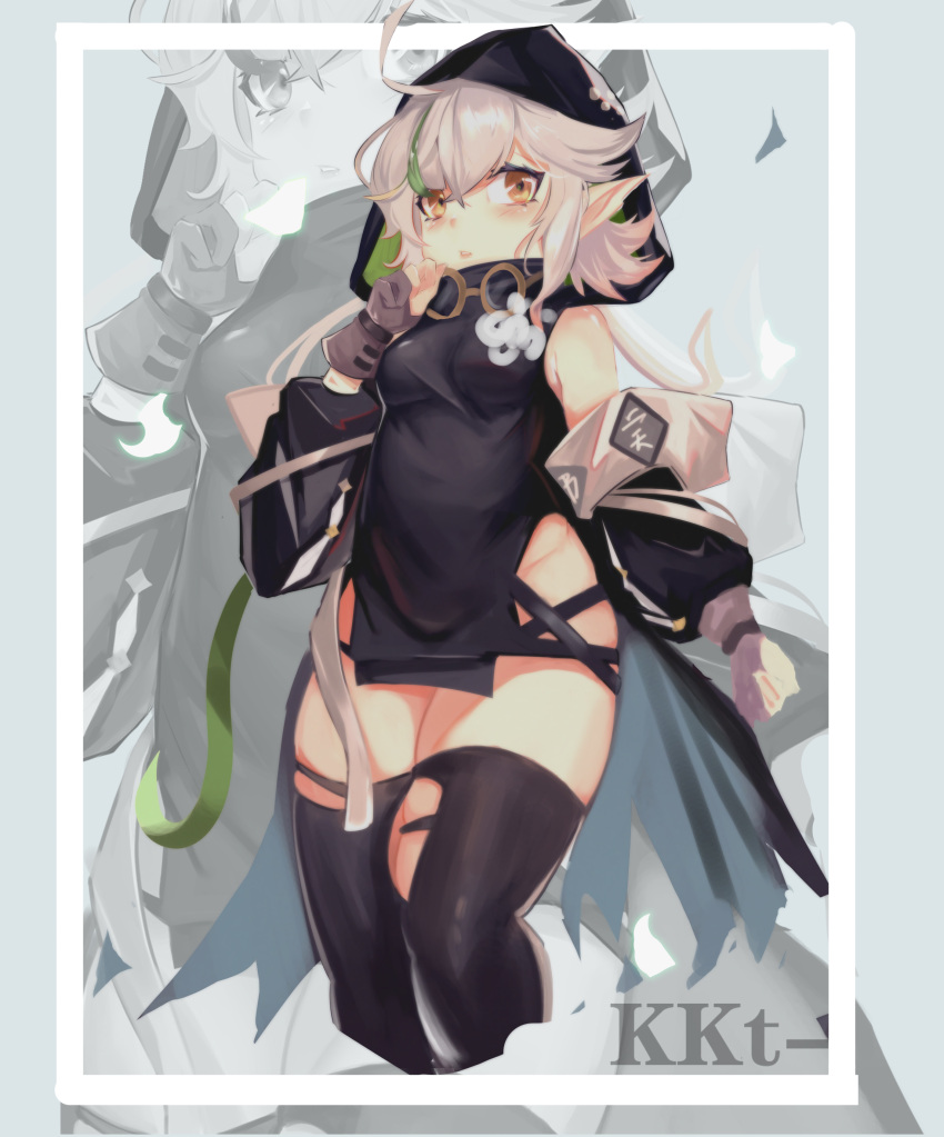 absurdres ahoge arknights ayy_(25247) black_sleeves black_thighhighs black_tunic breasts cropped_legs detached_sleeves female flower gloves goggles goggles_around_neck goggles_on_head green_hair grey_background grey_hair groin hand_up highres hood hood_up looking_at_viewer no_panties partially_fingerless_gloves pointy_ears short_hair small_breasts solo thighhighs thighs tomimi_(arknights) torn_clothes torn_thighhighs unfinished white_flower yellow_eyes zoom_layer