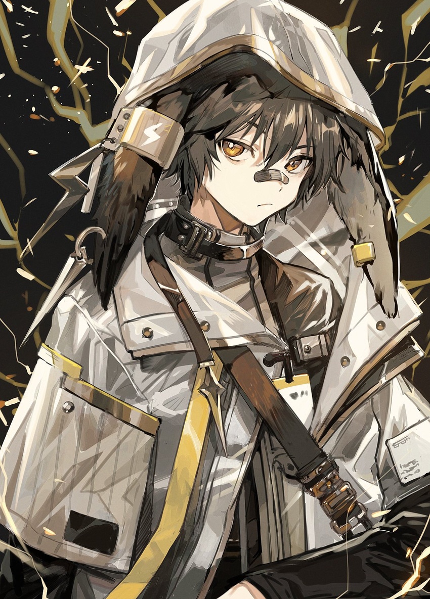 1boy animal_ears aoki_(fumomo) arknights ayerscarpe_(arknights) bandaid bandaid_on_face bandaid_on_nose black_hair closed_mouth coat commentary_request hair_between_eyes highres hood hood_up hooded_coat id_card long_sleeves male_focus rabbit_ears solo upper_body yellow_eyes