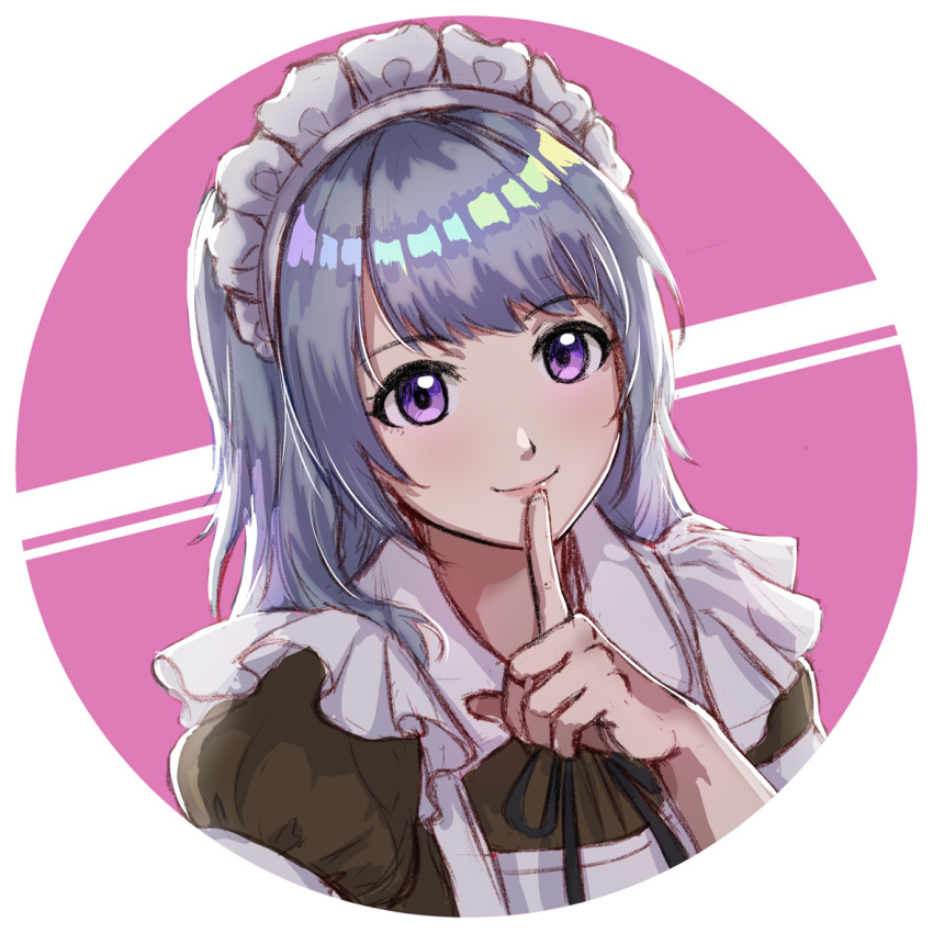 circle closed_mouth female finger_to_mouth grey_hair hand_up kelinch1 long_hair looking_at_viewer maid maid_headdress multicolored_hair original portrait purple_background purple_eyes rainbow_gradient rainbow_hair round_image simple_background smile solo two-tone_background