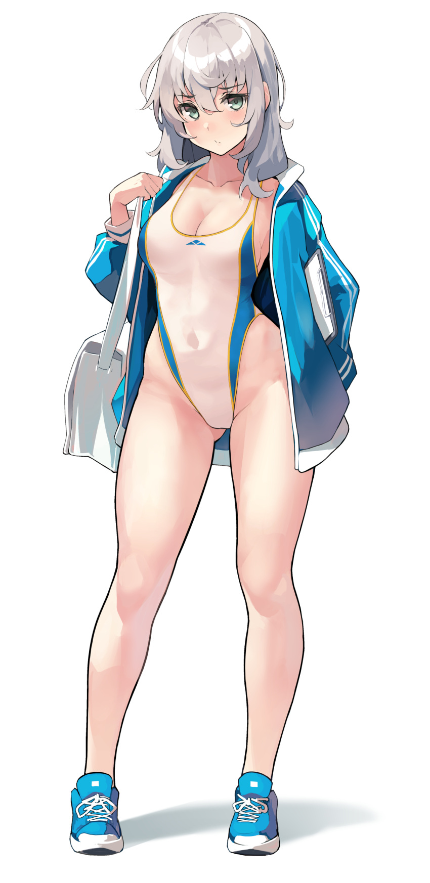 absurdres bag blue_footwear blue_jacket blue_one-piece_swimsuit blush breasts cleavage clipboard collarbone commentary_request competition_swimsuit covered_navel female full_body green_eyes grey_hair highleg highleg_swimsuit highres jacket kekemotsu large_breasts long_hair long_sleeves looking_at_viewer one-piece_swimsuit open_clothes open_jacket original shoes shoulder_bag sneakers solo swimsuit two-tone_swimsuit white_hair white_one-piece_swimsuit