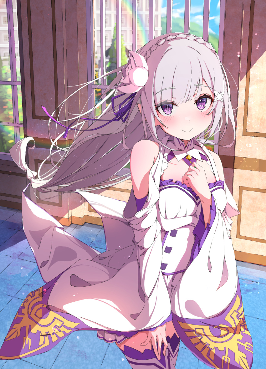 bare_shoulders breasts closed_mouth commentary_request detached_sleeves dress emilia_(re:zero) female floating_hair flower frills grey_hair hair_flower hair_ornament hair_ribbon hand_on_own_chest highres indoors long_hair long_sleeves looking_at_viewer md5_mismatch miniskirt official_art pleated_skirt pointy_ears purple_eyes purple_ribbon re:zero_kara_hajimeru_isekai_seikatsu ribbon rose skirt small_breasts smile solo spice_mega textless_version thighhighs white_dress white_flower white_rose white_skirt white_thighhighs