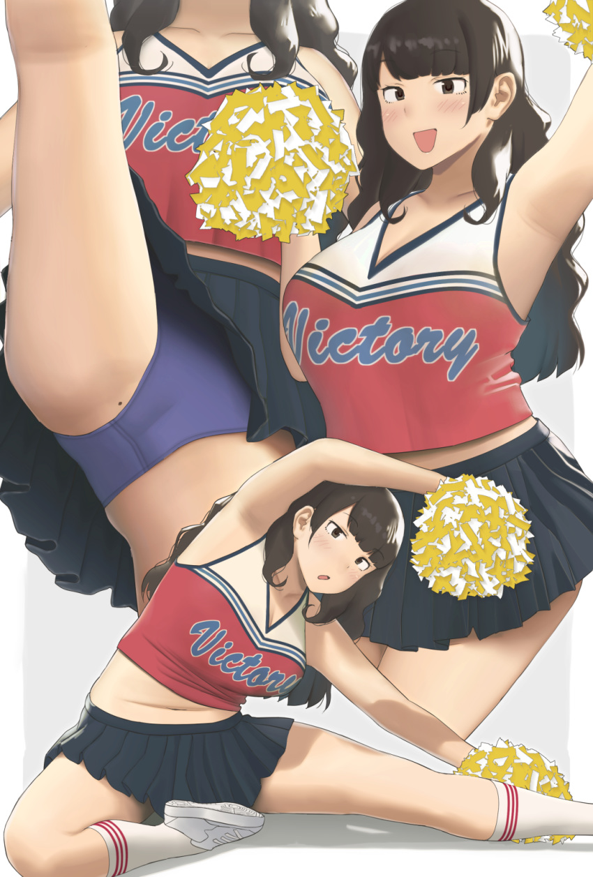 :d arm_up ass black_eyes black_hair black_skirt blue_panties blush cheerleader female high_kick highres kicking looking_at_viewer mole mole_on_ass multiple_views navel open_mouth original panties pom_pom_(cheerleading) ryokucha_michi skirt smile socks sportswear stretching thighs underwear white_socks