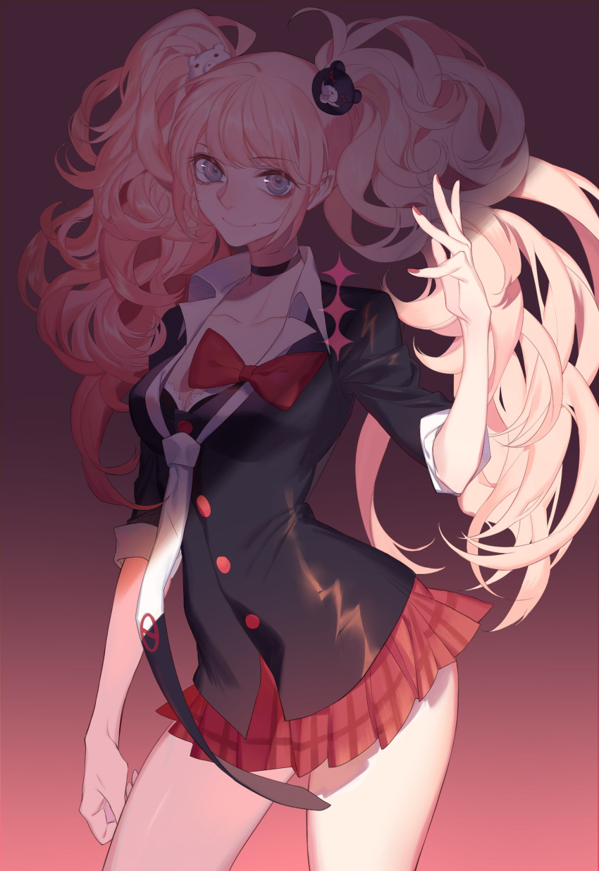 absurdres bear_hair_ornament black_bra black_choker black_necktie black_shirt blonde_hair blue_eyes bow bra breasts choker cleavage collarbone commentary contrapposto cowboy_shot danganronpa:_trigger_happy_havoc danganronpa_(series) dj.adonis enoshima_junko female hair_ornament hand_up highres long_hair looking_at_viewer medium_breasts miniskirt nail_polish necktie pleated_skirt red_bow red_nails red_skirt school_uniform shirt skirt sleeves_rolled_up smile solo twintails underwear very_long_hair white_necktie