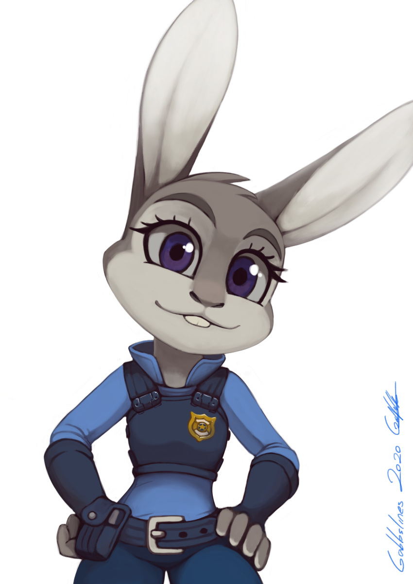 2020 absurd_res anthro belt buckteeth clothed clothing disney fully_clothed fur gabbslines grey_body grey_fur head_tuft hi_res judy_hopps lagomorph leporid mammal police police_uniform purple_eyes rabbit signature simple_background smile solo teeth tuft uniform white_background zootopia