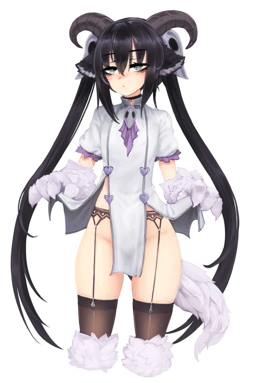 animal_ears animal_hands ascot baphomet_(monster_girl_encyclopedia) barbariank black_choker black_hair choker clothes_lift commentary cowboy_shot cropped_legs demon_girl dress dress_lift english_commentary expressionless eyes_visible_through_hair female garter_belt green_eyes groin hair_between_eyes hair_ornament heart highres horns lifting_own_clothes long_hair looking_at_viewer monster_girl monster_girl_encyclopedia no_panties pelvic_curtain purple_ascot short_dress short_sleeves simple_background skull_hair_ornament solo tail thighhighs twintails very_long_hair white_background white_dress white_fur