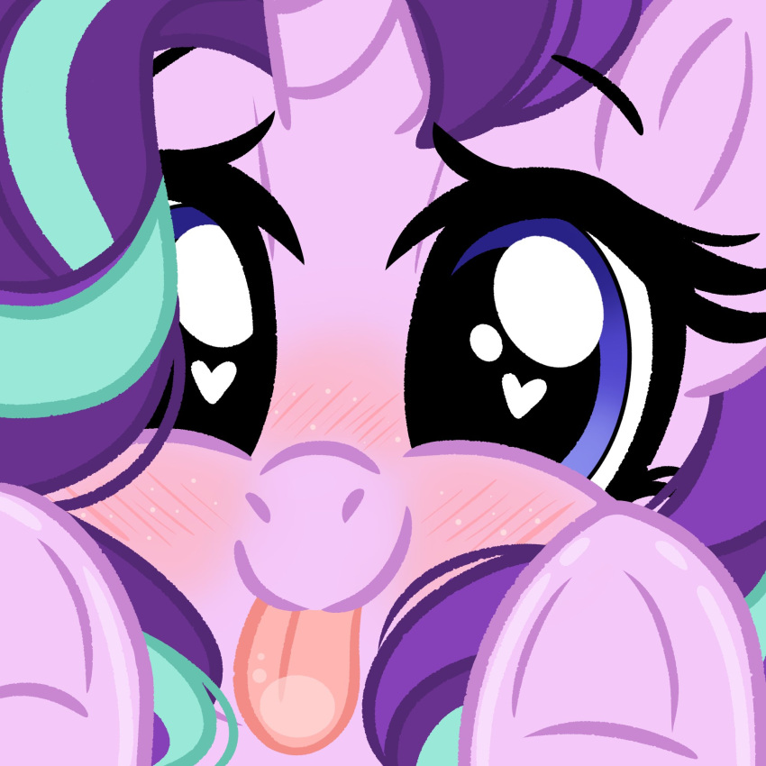 1:1 blep blush close-up emberslament equid equine female friendship_is_magic fur hair hasbro heart_eyes heart_symbol hi_res hooves horn looking_at_viewer mammal my_little_pony mythological_creature mythological_equine mythology pink_body pink_fur purple_eyes purple_hair starlight_glimmer_(mlp) tongue tongue_out unicorn