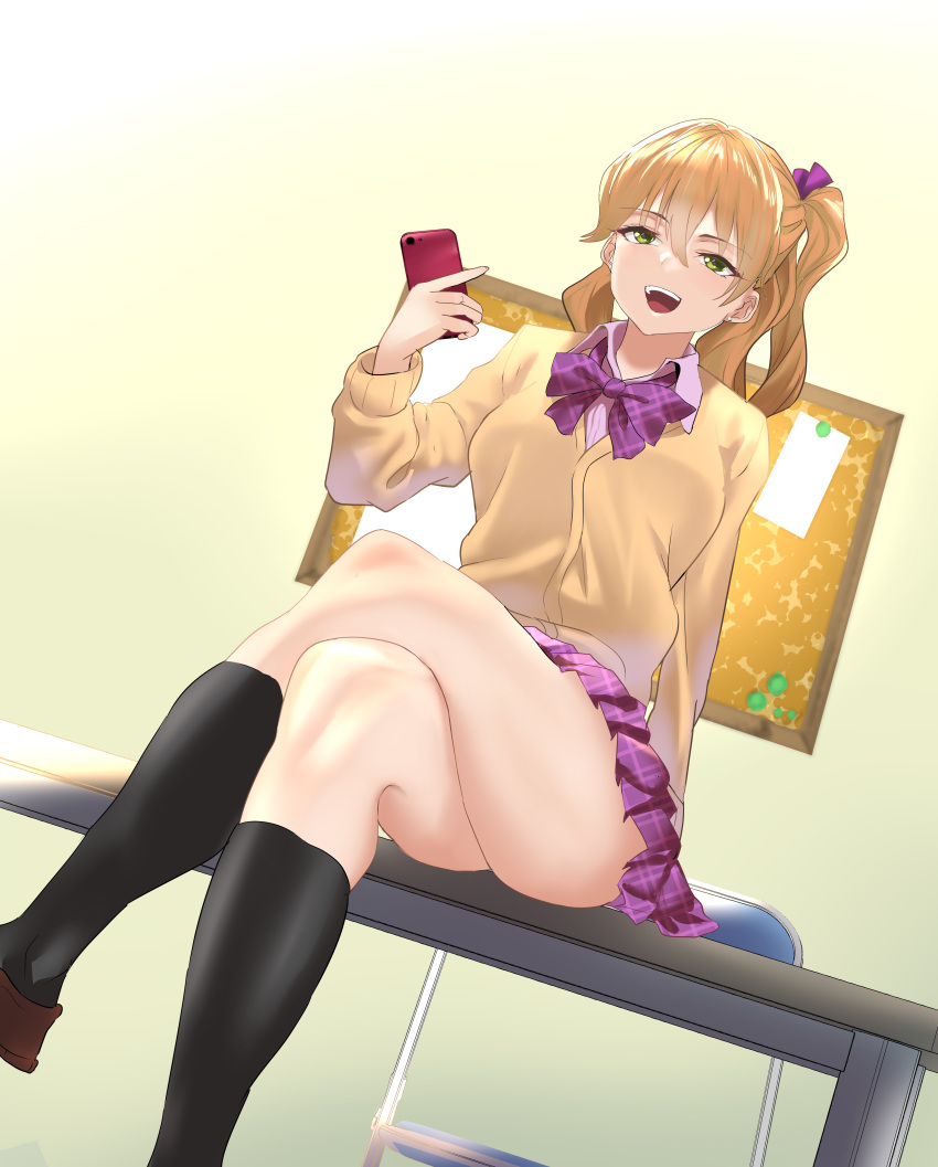 absurdres arm_support black_socks bow bowtie brown_cardigan cardigan cellphone chibana_sumika collared_shirt commentary_request crossed_legs feet_out_of_frame female green_eyes gyaru hair_between_eyes half_updo high_ponytail highres holding holding_phone indoors kneehighs kogal long_bangs looking_ahead miniskirt open_mouth orange_hair phone plaid plaid_bow plaid_bowtie plaid_skirt pleated_skirt purple_bow purple_bowtie purple_skirt school_uniform shirt side_ponytail sitting sitting_on_table skirt smartphone smile socks solo teeth thighs upper_teeth_only watashi_no_yuri_wa_oshigoto_desu! yuri_kowashi_(tetsukabuto_nuranura)