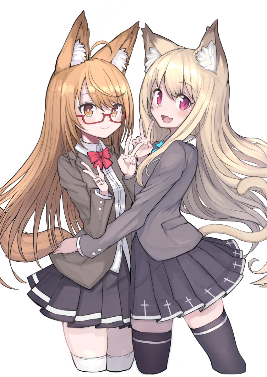 2girls absurdres animal_ear_fluff animal_ears black_legwear blonde_hair breasts brown_eyes brown_hair brown_jacket cat_ears cat_girl cat_tail dog_ears dog_girl dog_tail dress_shirt glasses hand_on_another's_hip highres izayoi_cha jacket long_hair long_sleeves looking_at_viewer marika_(zeddaru) miniskirt multiple_girls original pleated_skirt red_eyes second-party_source shirt simple_background skirt small_breasts smile tail thighhighs v white_background white_legwear white_shirt zettai_ryouiki